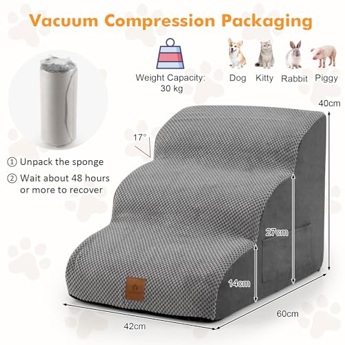 3-Tier Foam Dog Ramp, Non-Slip Dog Steps W/High-Density Sponge, Silicone Paw Prints