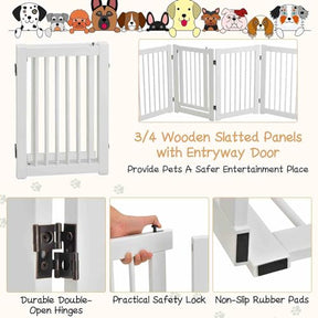 207 x 77 cm Freestanding Pet Gate, 4 Panel Retractable Wooden Folding Dog Fence w/Walk Through Door