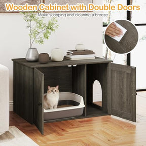 Hidden Cat Litter Box Enclosure Furniture, 80 x 53 x 50 CM Wooden Cabinet w/ Divider