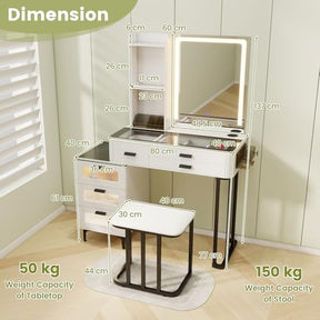 Modern Vanity Desk w/Mirror & Lights, Makeup Vanity and Stool Set w/3-Color LED Lights & Charging Station