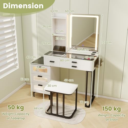 Modern Vanity Desk w/Mirror & Lights, Makeup Vanity and Stool Set w/3-Color LED Lights & Charging Station