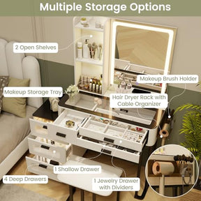 Modern Vanity Desk w/Mirror & Lights, Makeup Vanity and Stool Set w/3-Color LED Lights & Charging Station