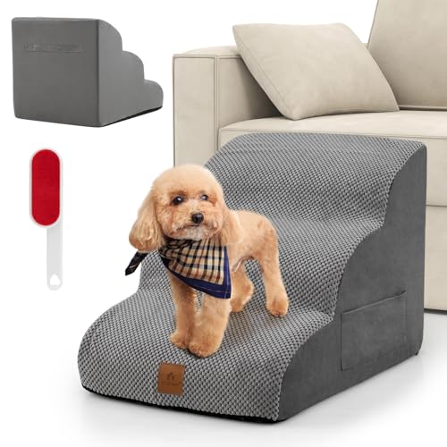3-Tier Foam Dog Ramp, Non-Slip Dog Steps W/High-Density Sponge, Silicone Paw Prints