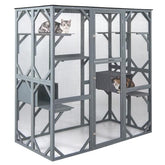 Large Fir Wood Outdoor Cat Enclosure, Walk-in Cat House w/2 Napping Houses & 3 Platforms for x Cats