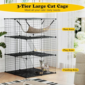 3/4 Tier Cat Enclosure, 107 CM Large Cat Cage w/Comfy Hammock, 2 Ladders, 3 Doors & 1 Sky Window for Easy Access