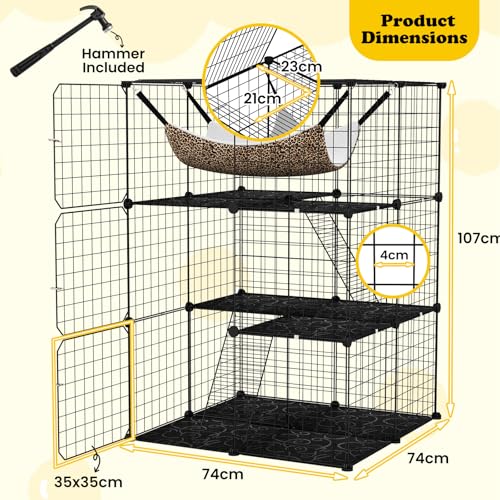 3/4 Tier Cat Enclosure, 107 CM Large Cat Cage w/Comfy Hammock, 2 Ladders, 3 Doors & 1 Sky Window for Easy Access