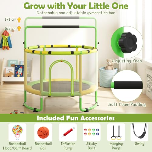 60" /55" Trampoline for Kids with Enclosure, 6-in-1 Indoor Outdoor Toddler Trampoline with Adjustable Gymnastics Bar, Swing, Basketball Hoop and Toys, Birthday Gifts for Boys Girls Age 3+