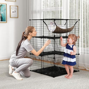3/4 Tier Cat Enclosure, 107 CM Large Cat Cage w/Comfy Hammock, 2 Ladders, 3 Doors & 1 Sky Window for Easy Access