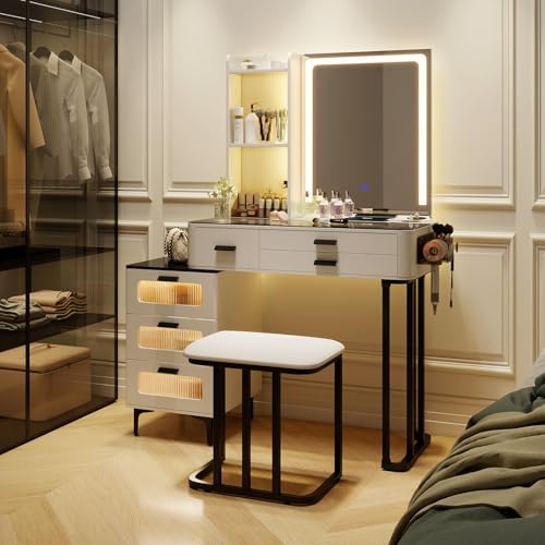 Modern Vanity Desk w/Mirror & Lights, Makeup Vanity and Stool Set w/3-Color LED Lights & Charging Station