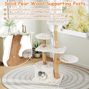 Modern Cat Tree, 135cm Tall Natural Branch Wooden Cat Tower w/ Scratching Posts