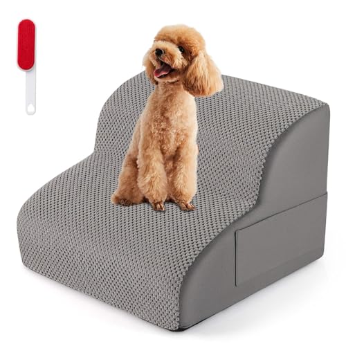 2-Step Dog Stairs Steps, High Density Foam Non-Slip Pet Ladder w/Storage Pocket & Handle