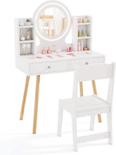 Wooden Kids Vanity Set, Princess Dressing Table and Chair Set with 2-Color Front Lit Mirror