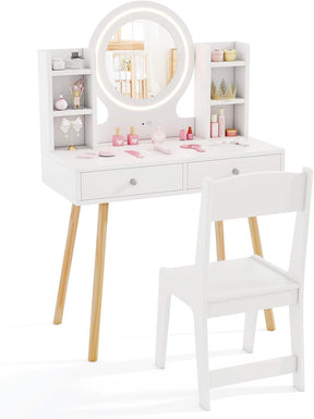 Wooden Kids Vanity Set, Princess Dressing Table and Chair Set with 2-Color Front Lit Mirror