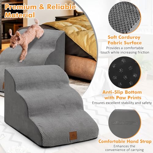 3-Tier Foam Dog Ramp, Non-Slip Dog Steps W/High-Density Sponge, Silicone Paw Prints