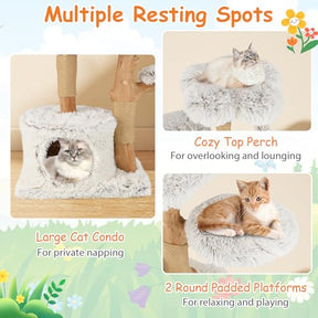 Modern Cat Tree, 135cm Tall Natural Branch Wooden Cat Tower w/ Scratching Posts