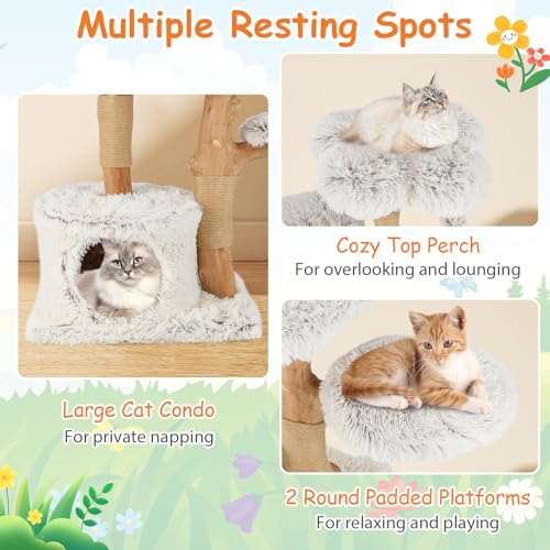 Modern Cat Tree, 135cm Tall Natural Branch Wooden Cat Tower w/ Scratching Posts