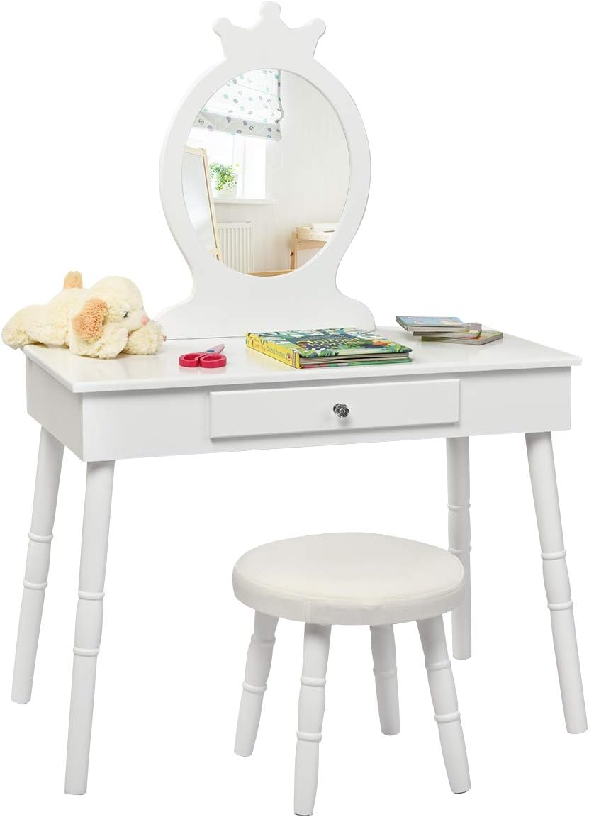 HONEY JOY Kids Vanity Set, Dressing Table for Children with Mirror and Stool, Princess Makeup Table