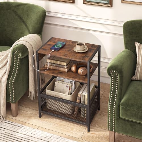 End Table w/Charging Station, Open Shelf & Metal Mesh Compartment