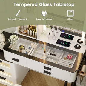 Modern Vanity Desk w/Mirror & Lights, Makeup Vanity and Stool Set w/3-Color LED Lights & Charging Station