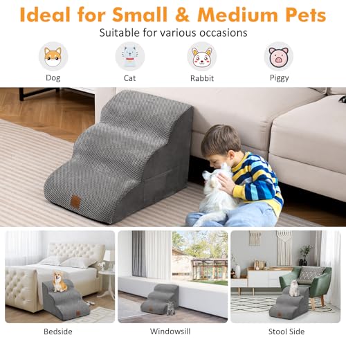 3-Tier Foam Dog Ramp, Non-Slip Dog Steps W/High-Density Sponge, Silicone Paw Prints