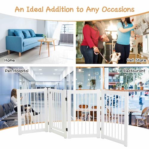 207 x 77 cm Freestanding Pet Gate, 4 Panel Retractable Wooden Folding Dog Fence w/Walk Through Door