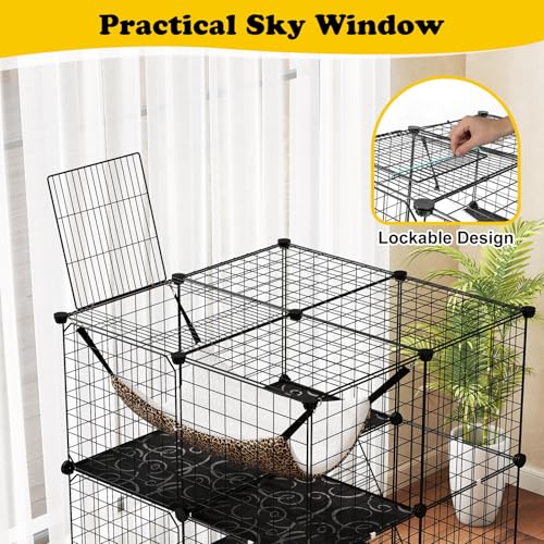 3/4 Tier Cat Enclosure, 107 CM Large Cat Cage w/Comfy Hammock, 2 Ladders, 3 Doors & 1 Sky Window for Easy Access