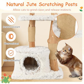 Modern Cat Tree, 135cm Tall Natural Branch Wooden Cat Tower w/ Scratching Posts