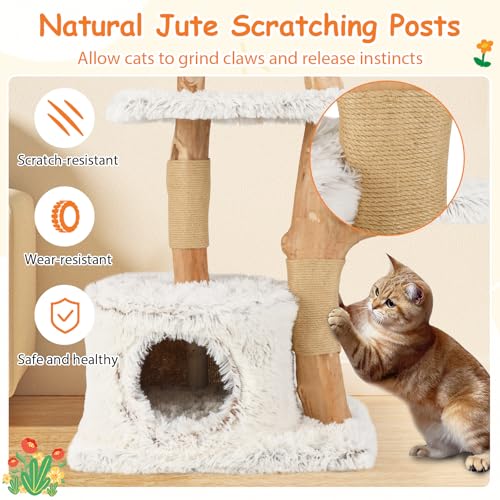 Modern Cat Tree, 135cm Tall Natural Branch Wooden Cat Tower w/ Scratching Posts