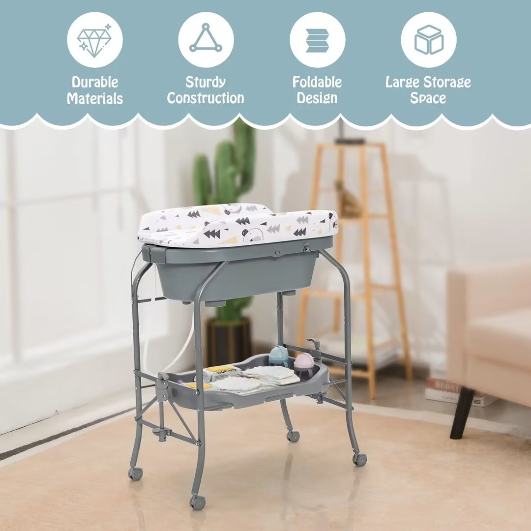 Hikidspace Baby Bathtub with Changing Table, Foldable Diaper Changing Station with Storage Tray