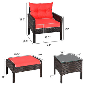 5 Pcs Rattan Patio Conversation Sets with Ottomans & Coffee Table, Wicker Outdoor Bistro Set