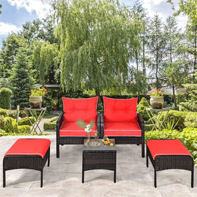 5 Pcs Rattan Patio Conversation Sets with Ottomans & Coffee Table, Wicker Outdoor Bistro Set