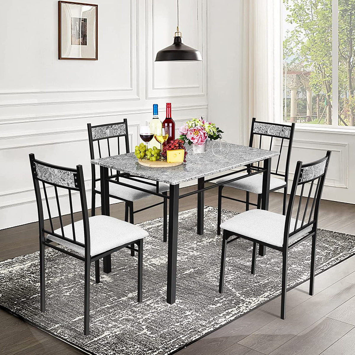 5 Piece Faux Marble Dining Table Set with Metal Frame and Padded Seat