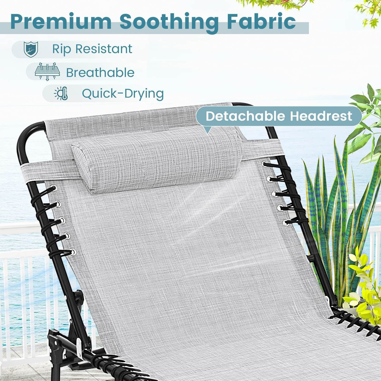 Patio Folding Chaise Lounge with 4-Level Backrest & Detachable Headrest Outdoor（59cm）
