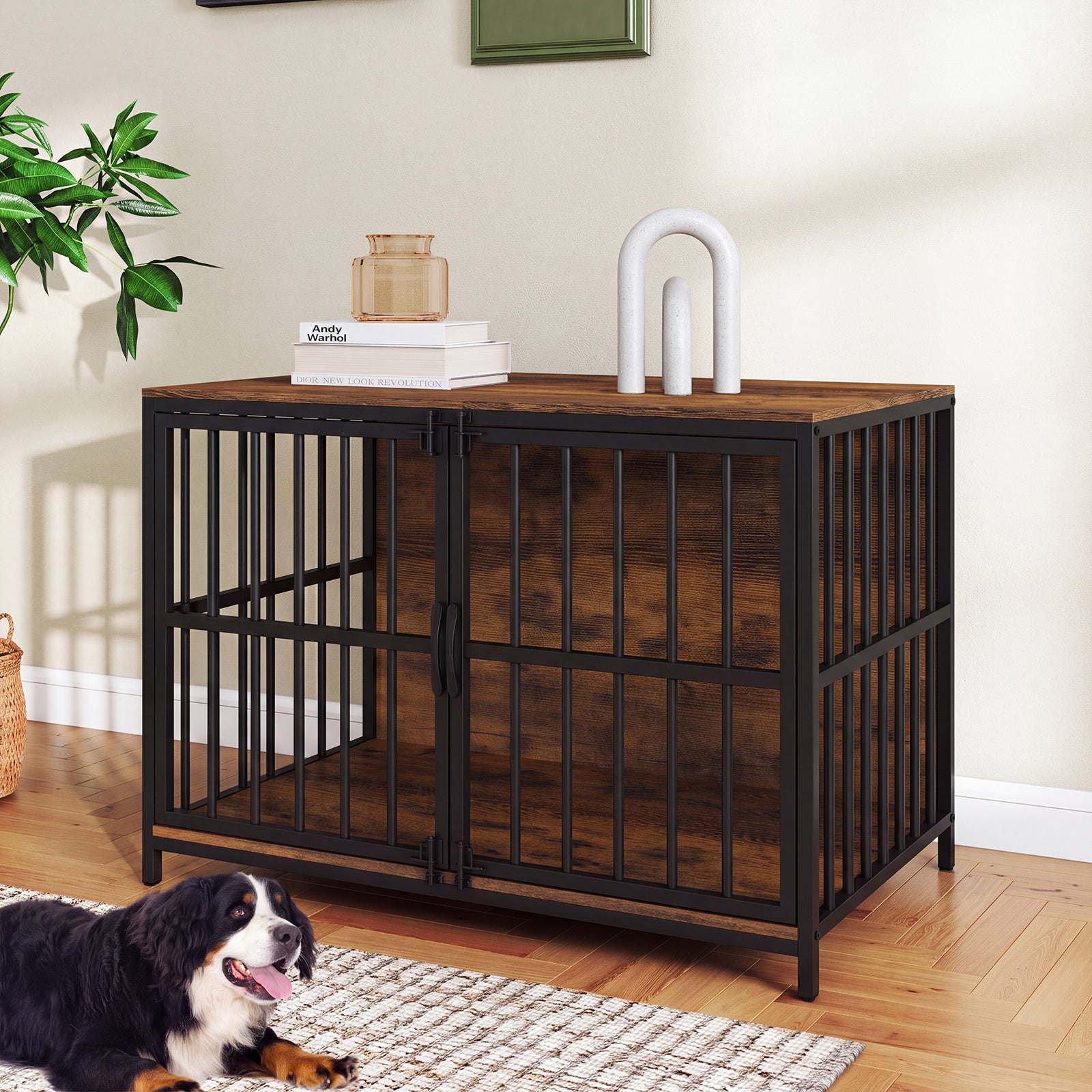 Heavy-Duty Dog Crate Furniture, 100 cm Dog Kennel with Dual Lockable Double Doors