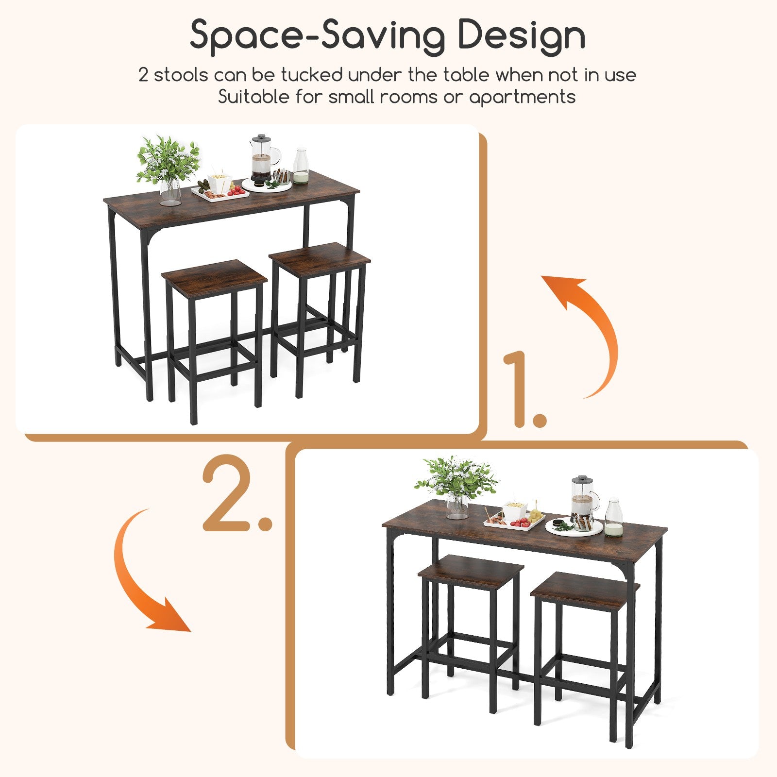 3-Piece Dining Table Set 120cm Counter-Height Kitchen Table & 2 Bar Stools