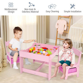 Kids Table & Chairs Set, 3-in-1 Wooden Toddler Activity Table with Storage, Reversible Tabletop & Blackboard for Art Craft, Drawing, Playroom