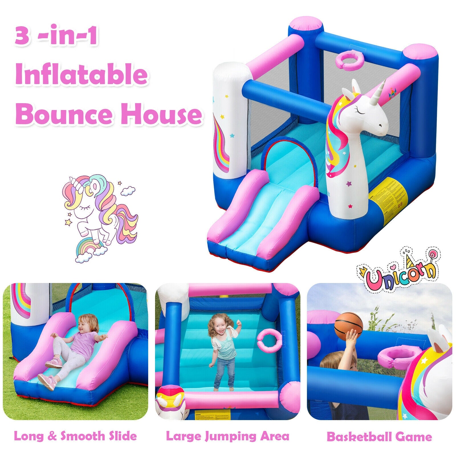 Hikidspace Kids Unicorn Inflatable Bounce House with 480W Blower