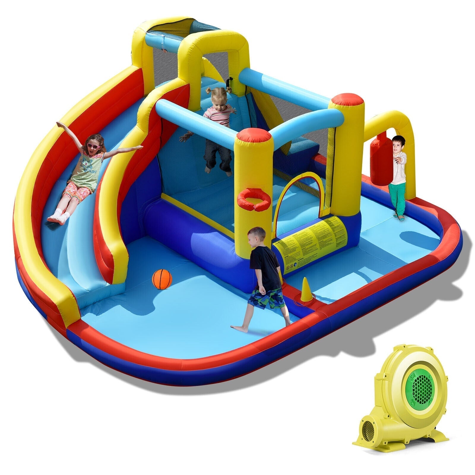 7-in-1 Inflatable Water Slide Water Park Kids Bounce Castle with 735W Air Blower