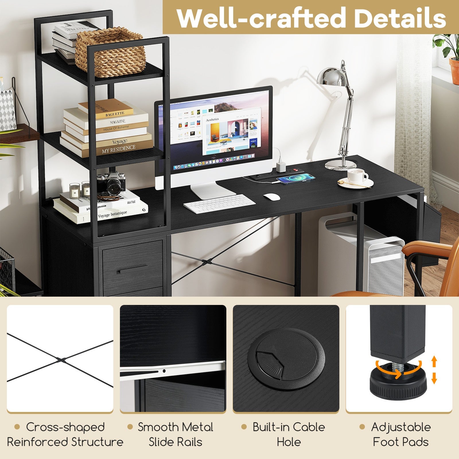 Office Desk w/ LED Light & Power Outlets Computer Desk