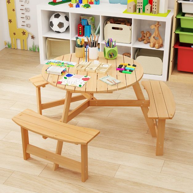 6 Person Kids Outdoor Wooden Picnic Table and Bench Set with Umbrella Hole