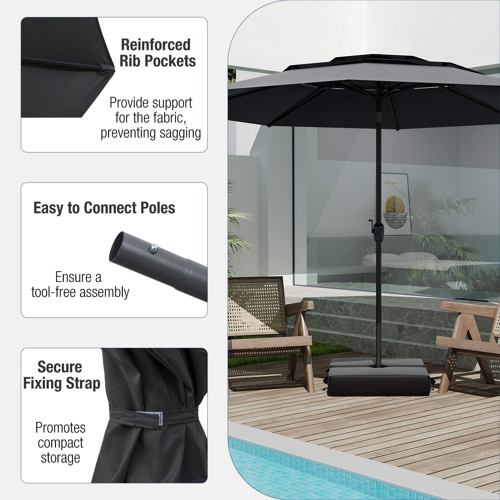 3 m 3-tier Vented Patio Umbrella Outdoor Heavy Duty Sun Shade w/Push Button Tilt