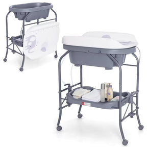 Hikidspace Baby Bathtub with Changing Table, Foldable Diaper Changing Station with Storage Tray