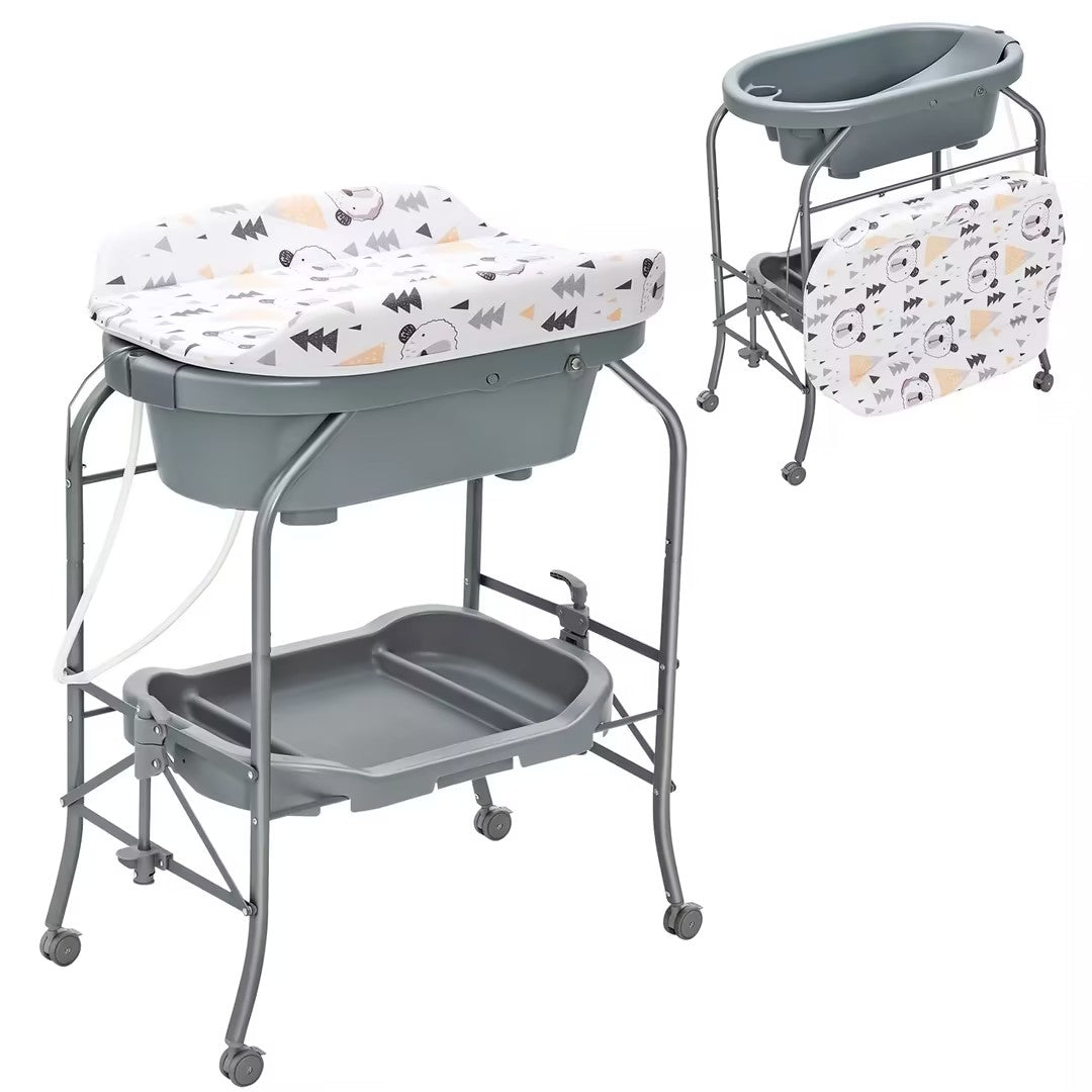 Hikidspace Baby Bathtub with Changing Table, Foldable Diaper Changing Station with Storage Tray