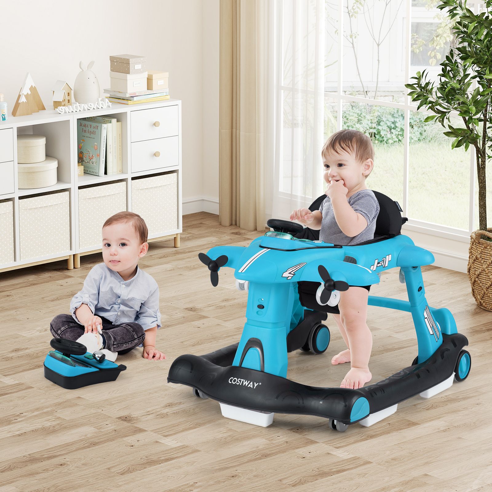 6-in-1 Baby Walker, Foldable Push Walker w/Adjustable Height, Padded Seat