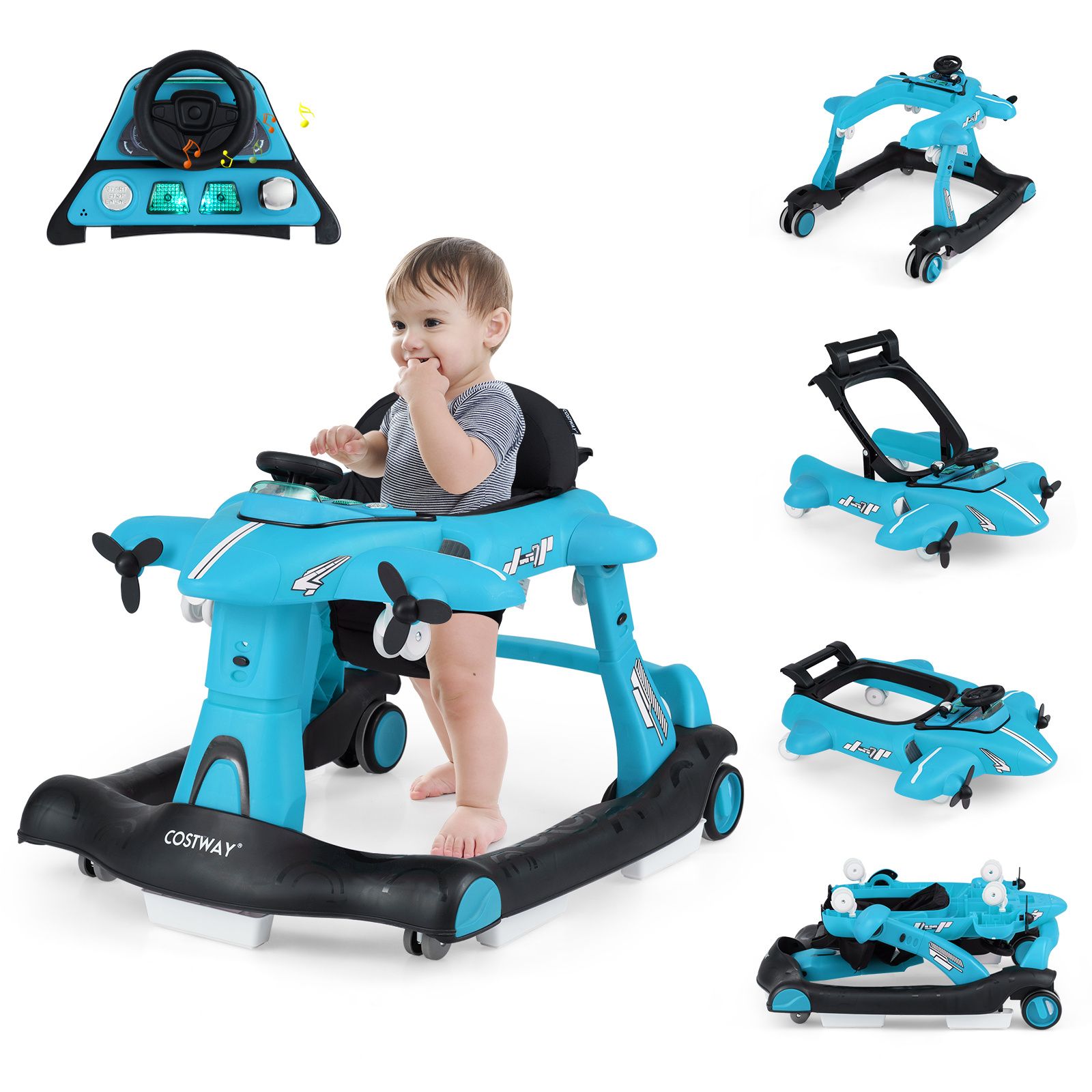 6-in-1 Baby Walker, Foldable Push Walker w/Adjustable Height, Padded Seat