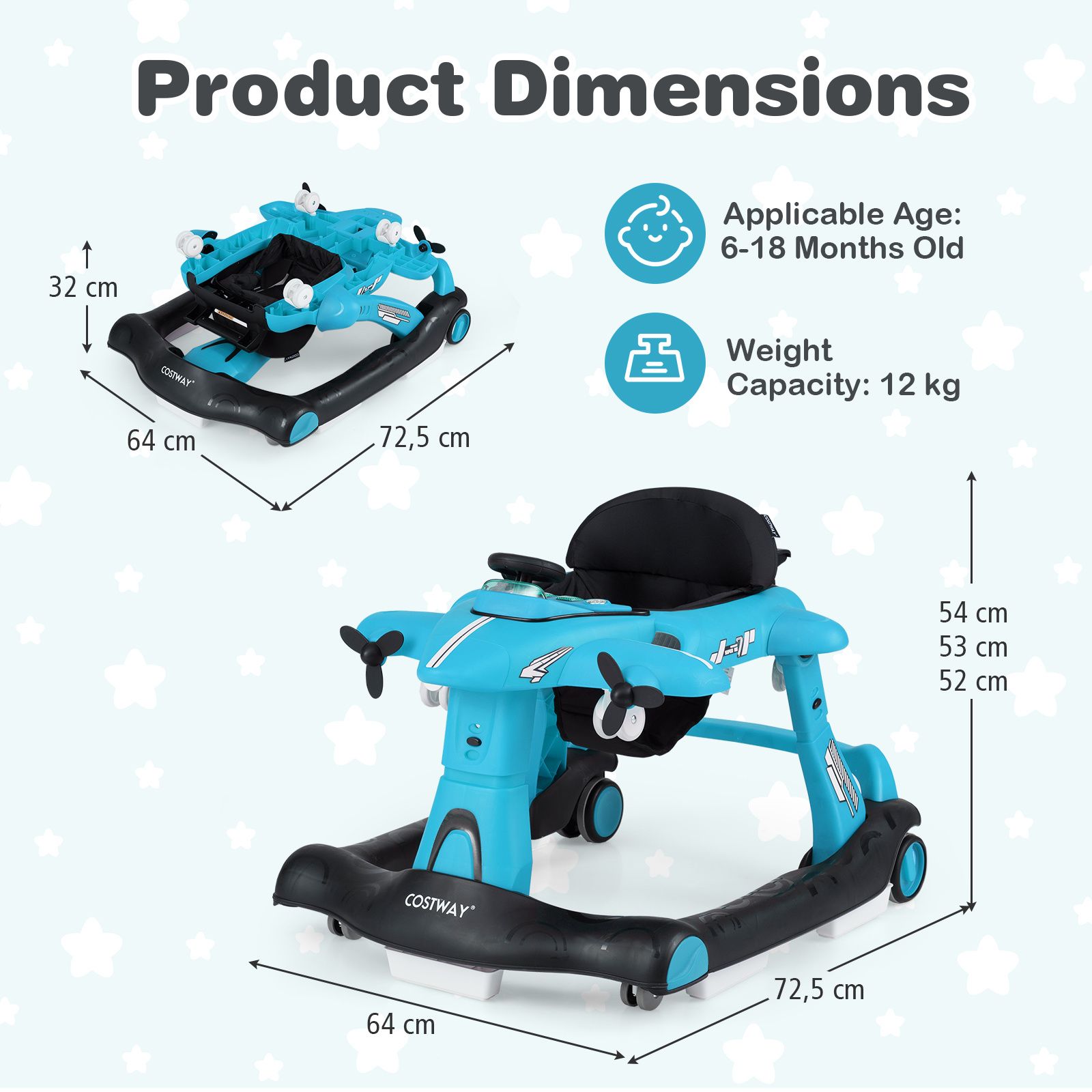 6-in-1 Baby Walker, Foldable Push Walker w/Adjustable Height, Padded Seat