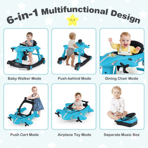 6-in-1 Baby Walker, Foldable Push Walker w/Adjustable Height, Padded Seat