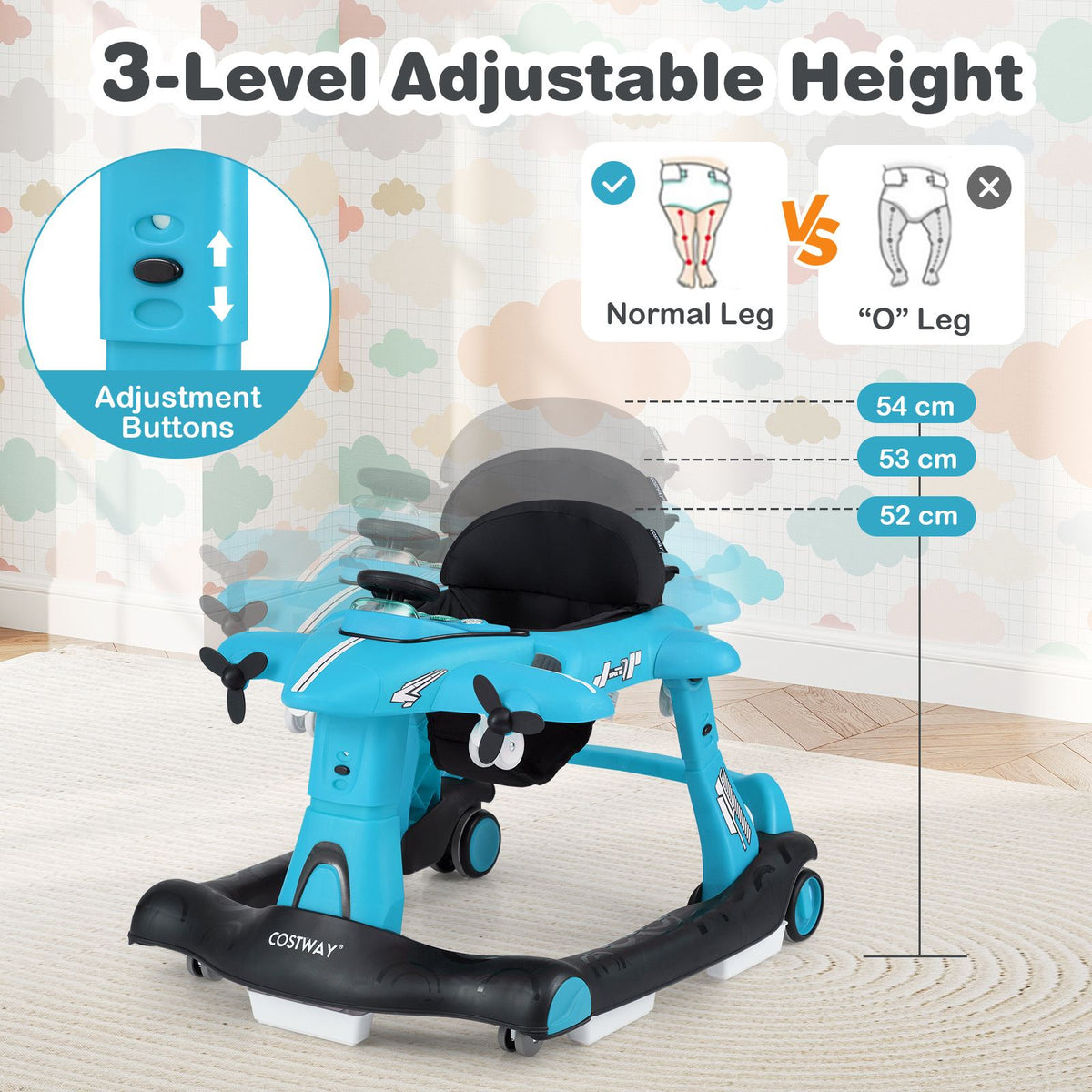 6-in-1 Baby Walker, Foldable Push Walker w/Adjustable Height, Padded Seat