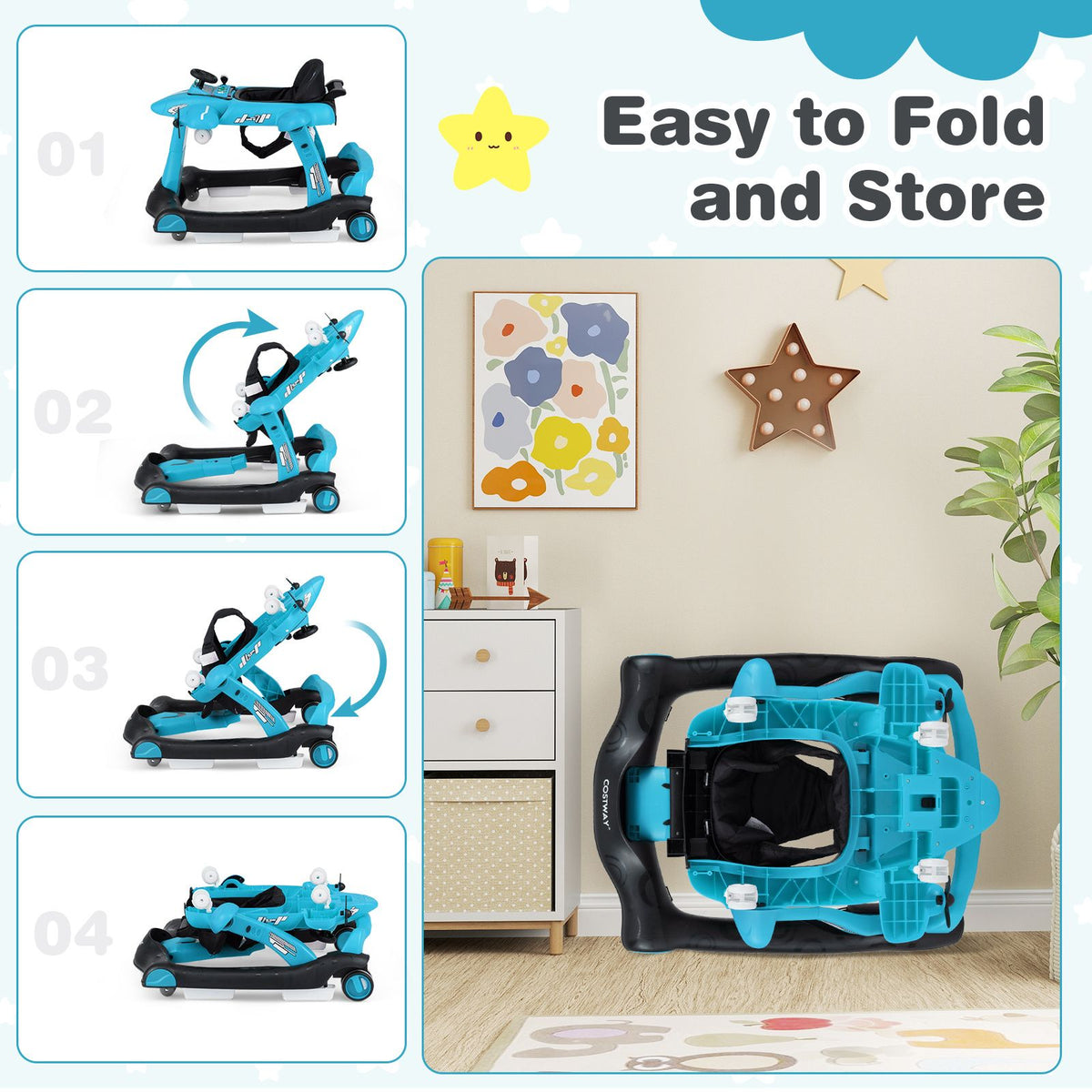 6-in-1 Baby Walker, Foldable Push Walker w/Adjustable Height, Padded Seat