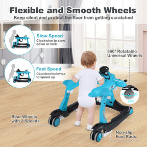 6-in-1 Baby Walker, Foldable Push Walker w/Adjustable Height, Padded Seat